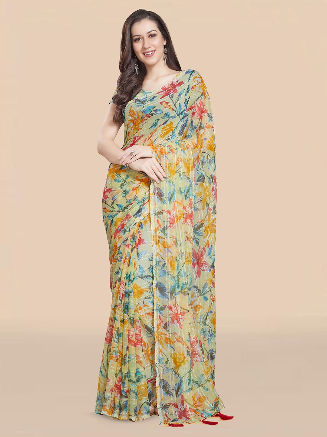 

Rani Saahiba Floral Poly Chiffon Saree, Yellow