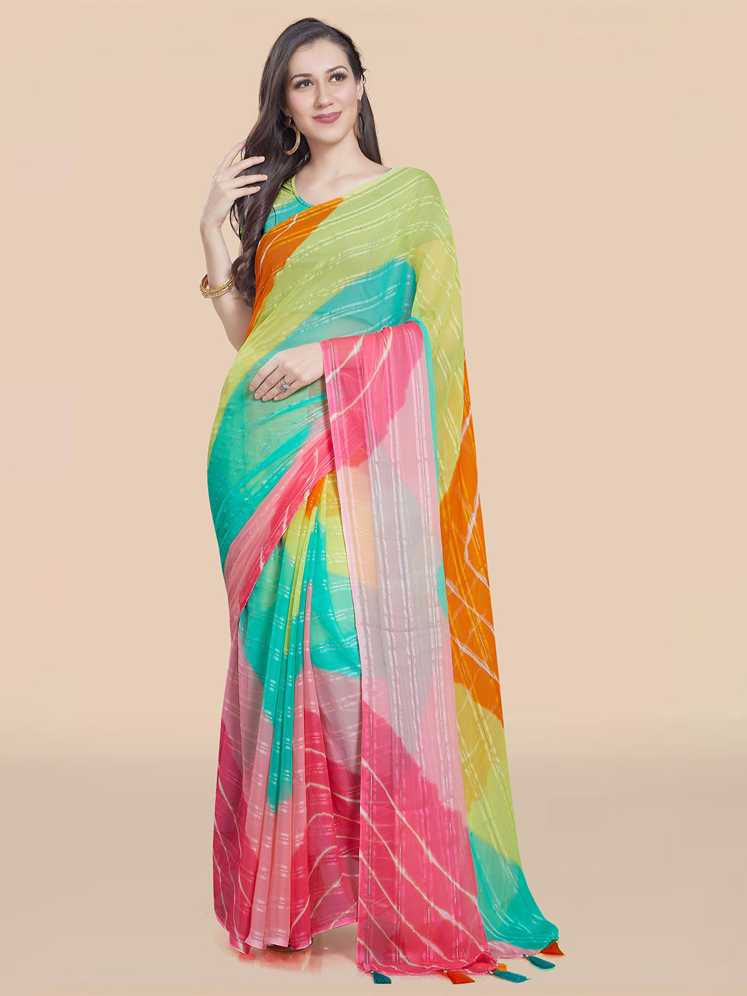 

Rani Saahiba Tie and Dye Poly Chiffon Leheriya Saree, Yellow