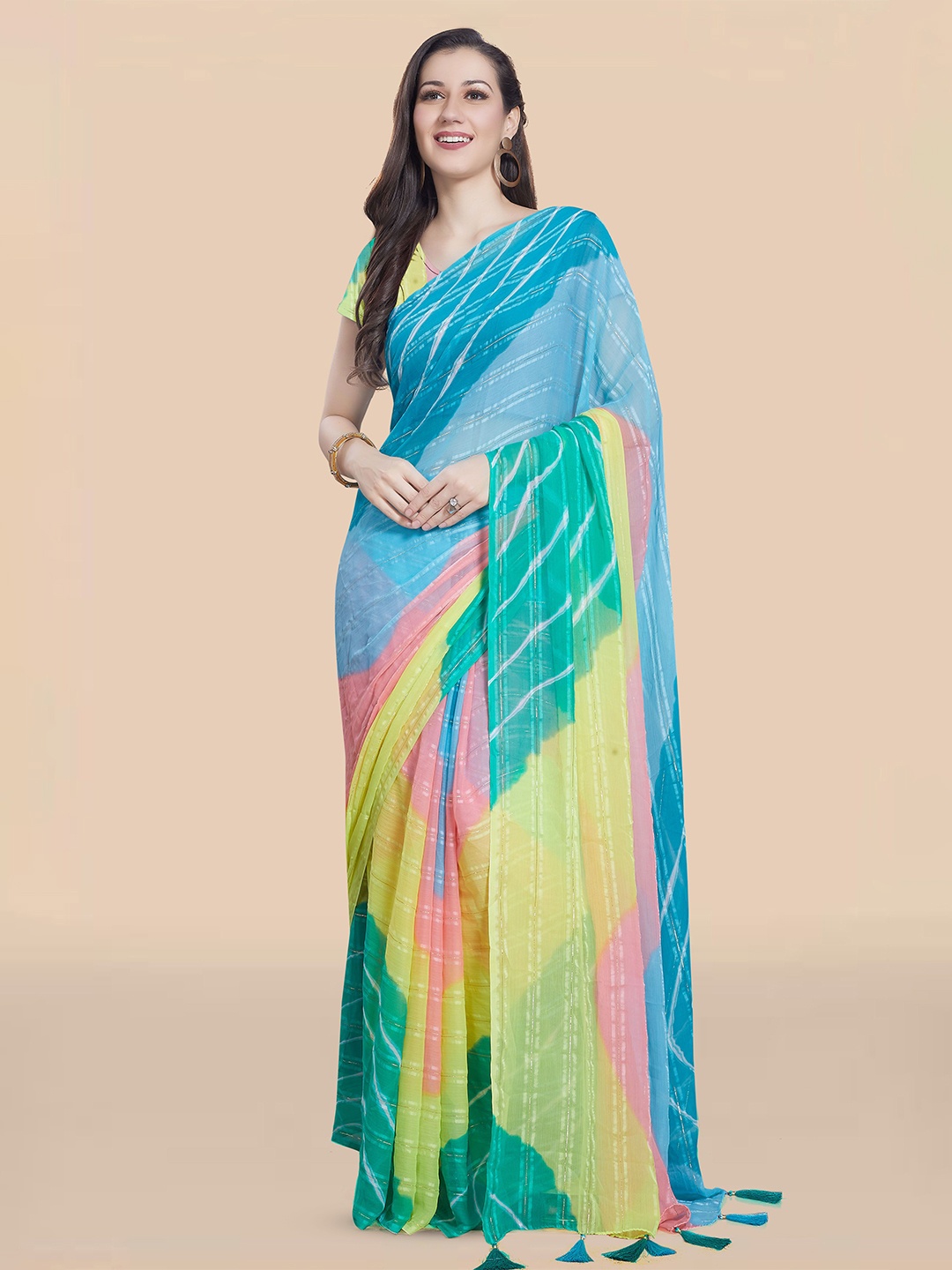 

Rani Saahiba Leheriya Poly Chiffon Leheriya Saree, Turquoise blue