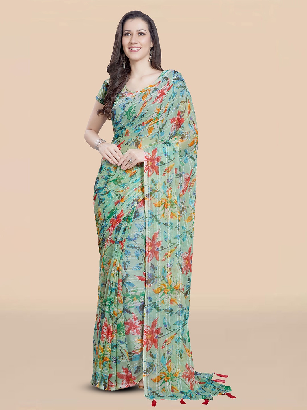 

Rani Saahiba Floral Poly Chiffon Saree, Green