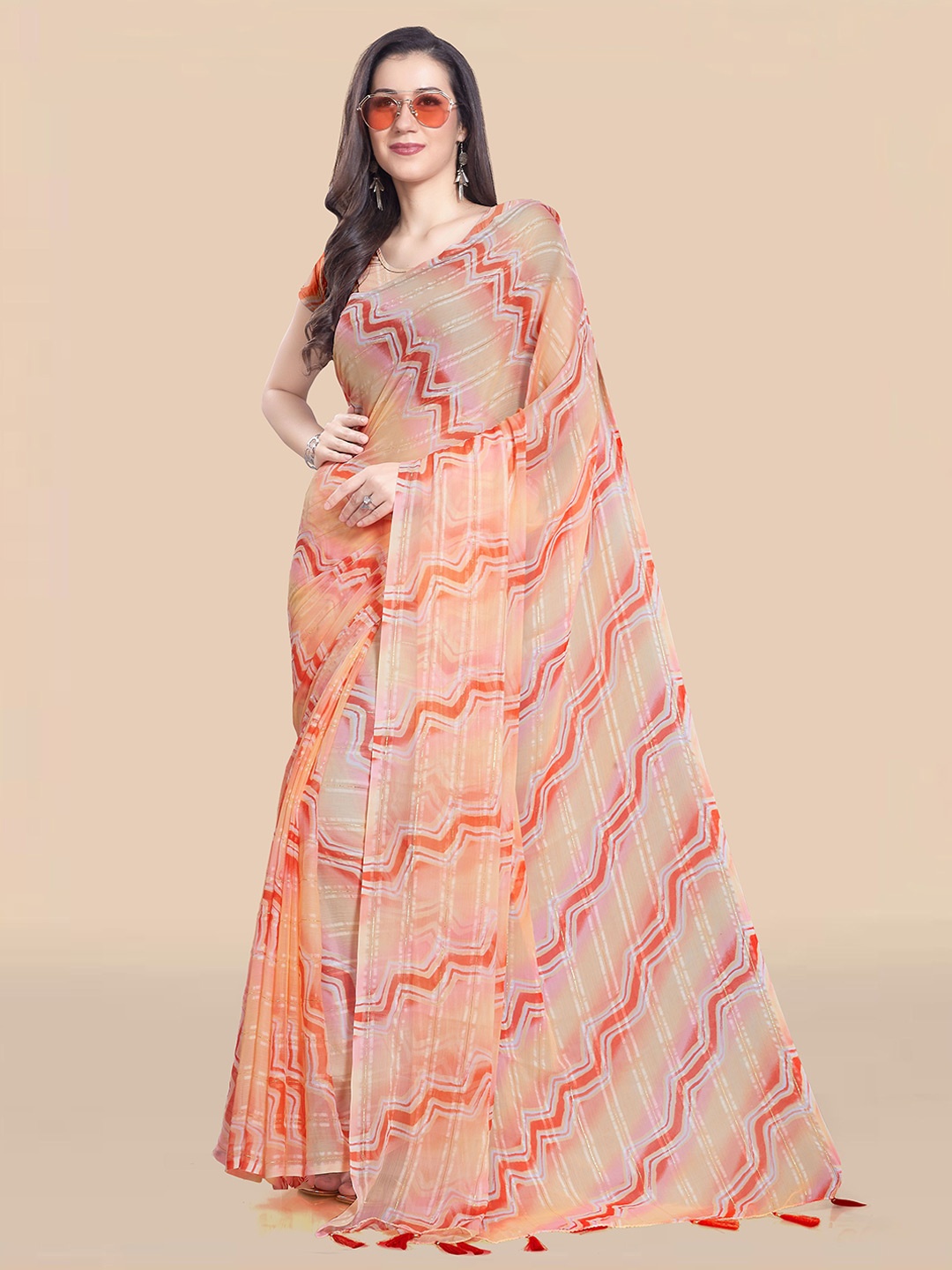 

Rani Saahiba Tie and Dye Poly Chiffon Leheriya Saree, Peach