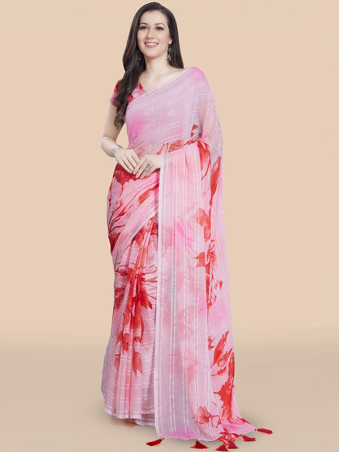 

Rani Saahiba Floral Poly Chiffon Saree, Pink