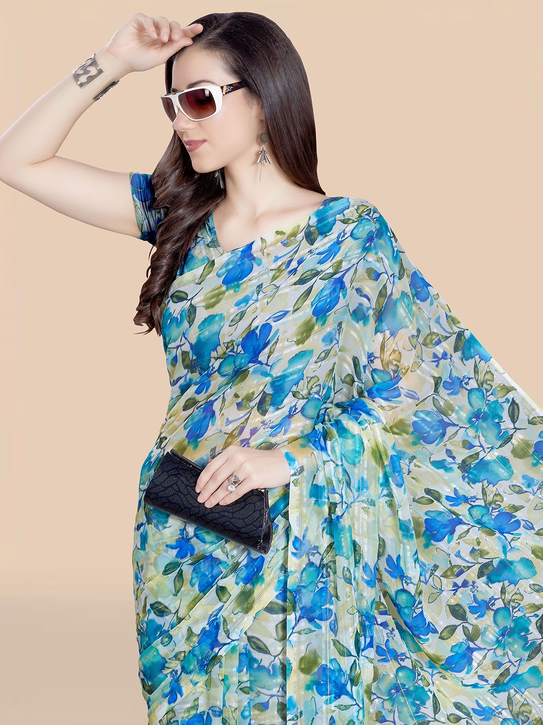 

Rani Saahiba Floral Poly Chiffon Saree, Cream