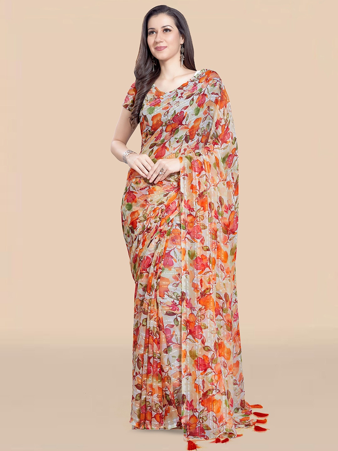 

Rani Saahiba Floral Poly Chiffon Saree, Cream