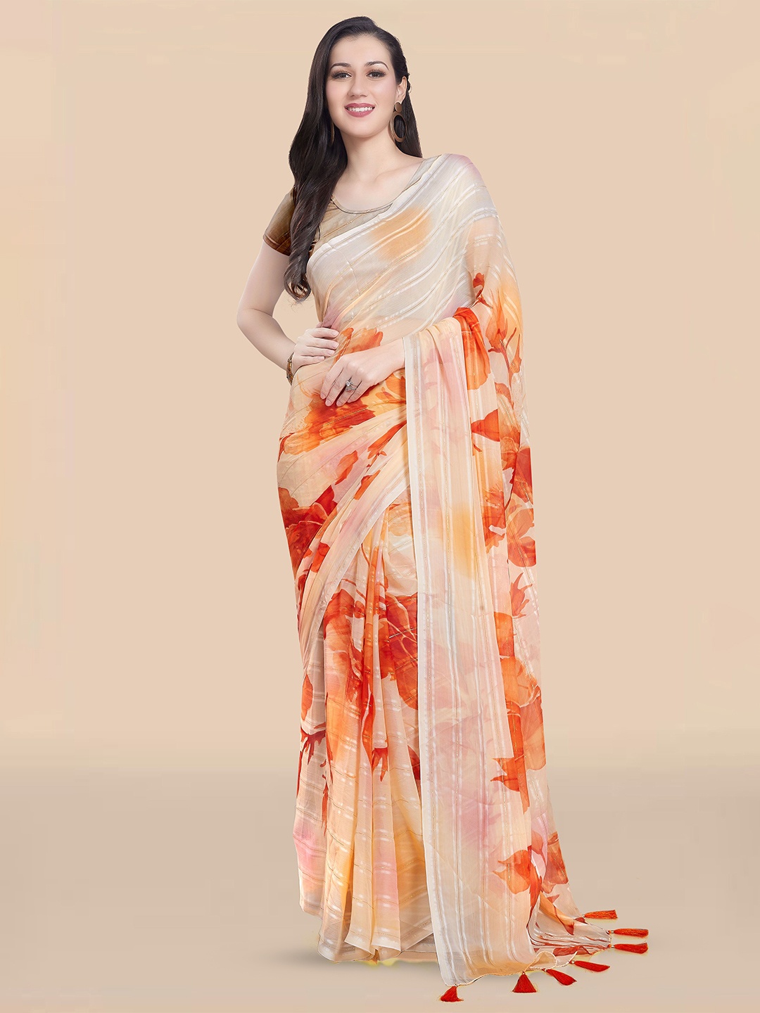 

Rani Saahiba Floral Poly Chiffon Saree, Peach