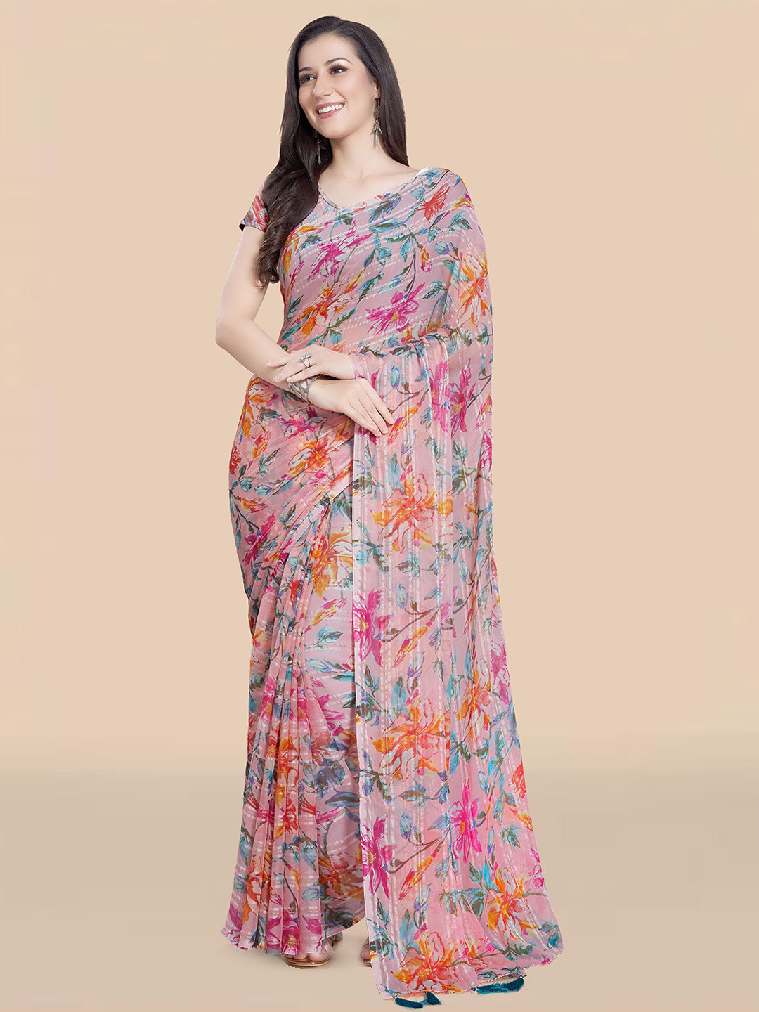 

Rani Saahiba Floral Poly Chiffon Saree, Pink