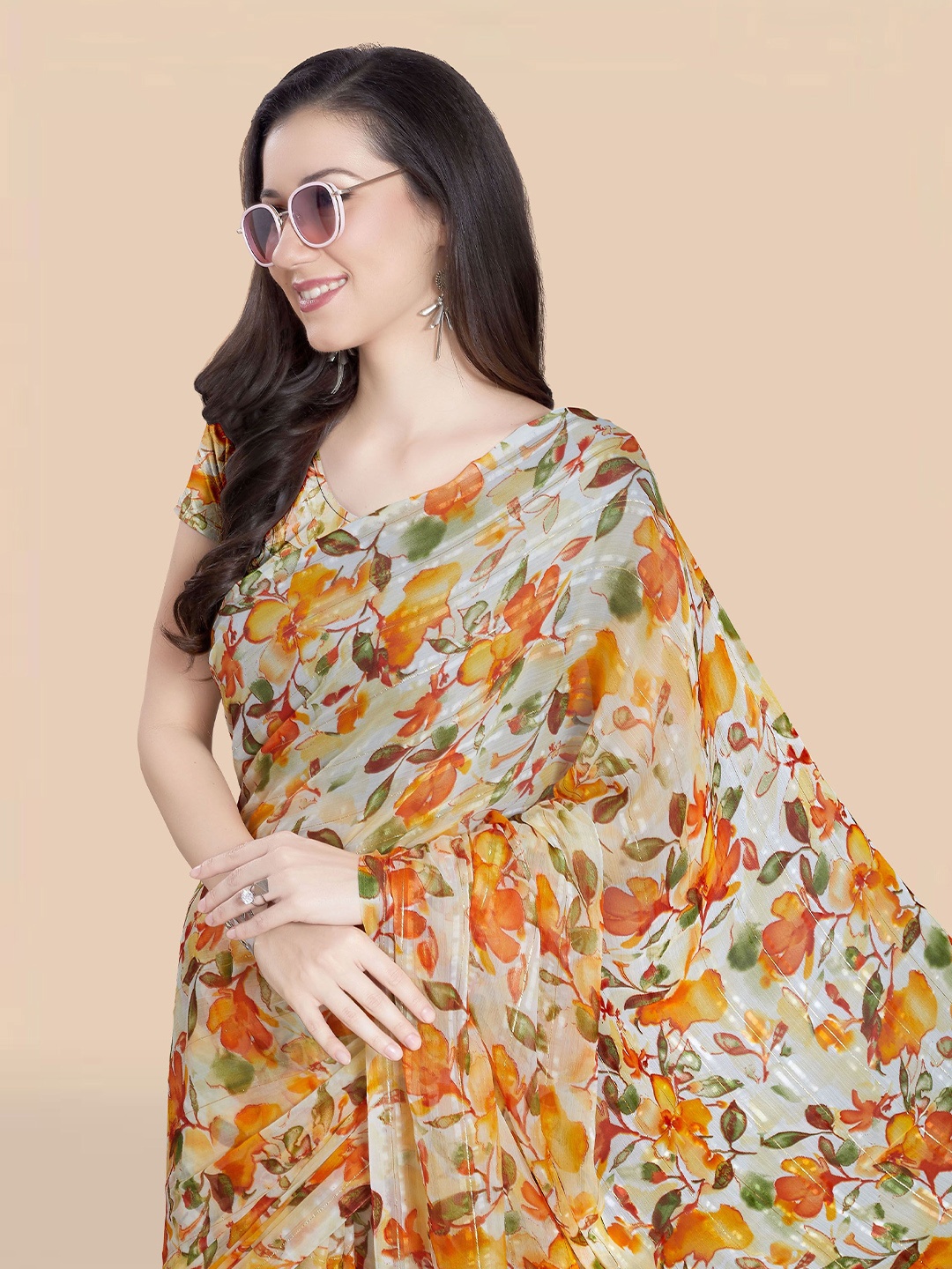 

Rani Saahiba Floral Poly Chiffon Saree, Cream