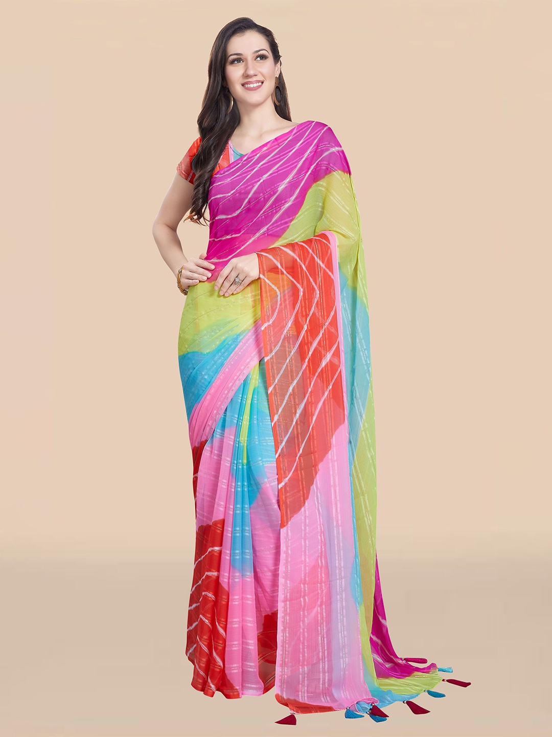 

Rani Saahiba Tie and Dye Poly Chiffon Leheriya Saree, Magenta