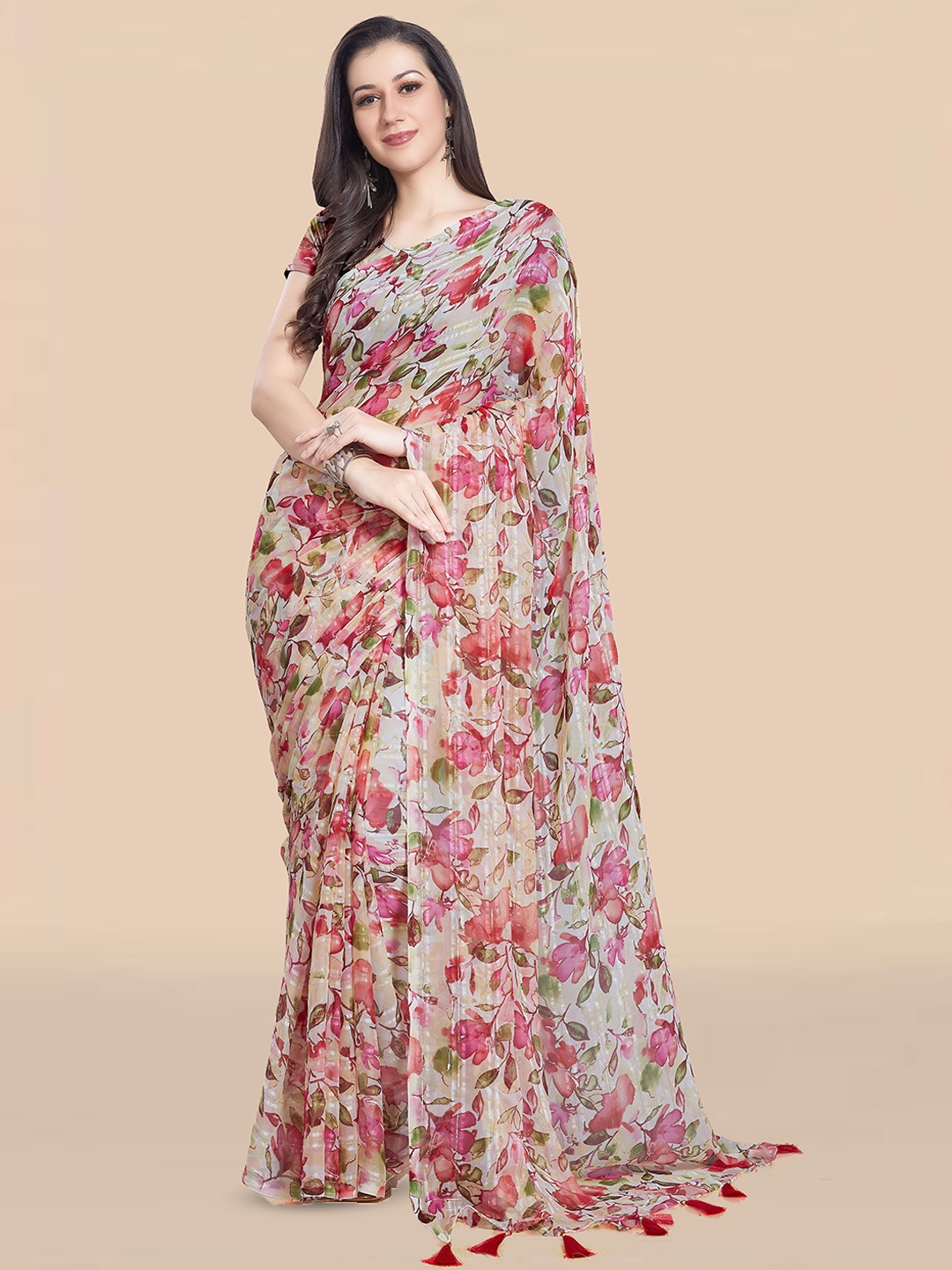 

Rani Saahiba Floral Poly Chiffon Saree, Cream