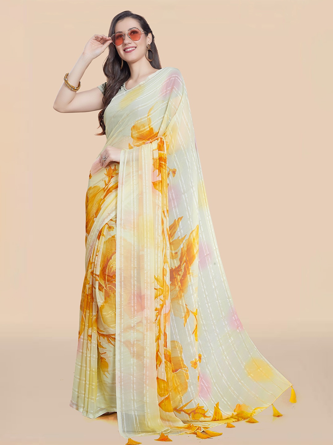 

Rani Saahiba Floral Poly Chiffon Saree, Yellow