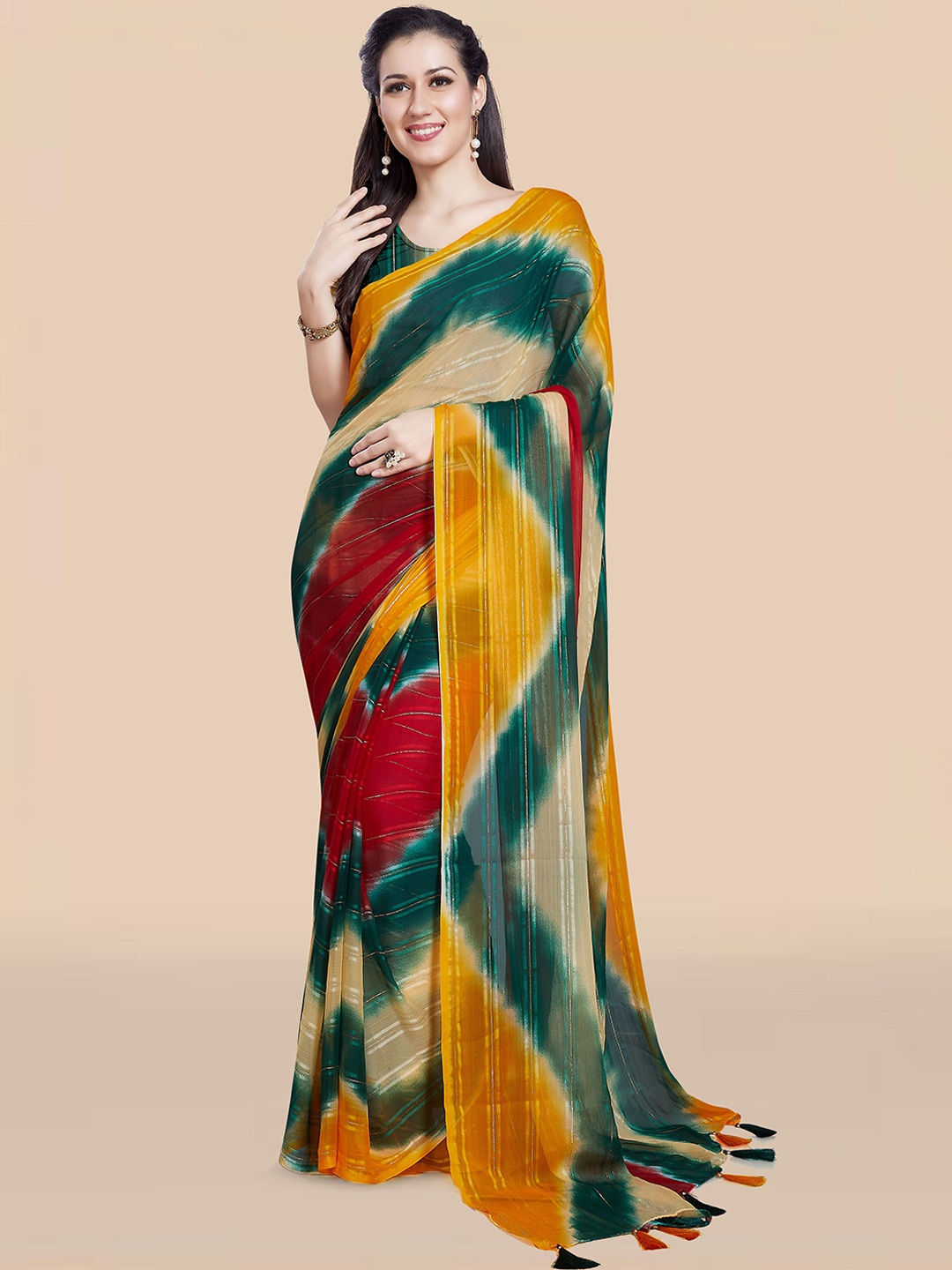 

Rani Saahiba Leheriya Poly Chiffon Leheriya Saree, Green