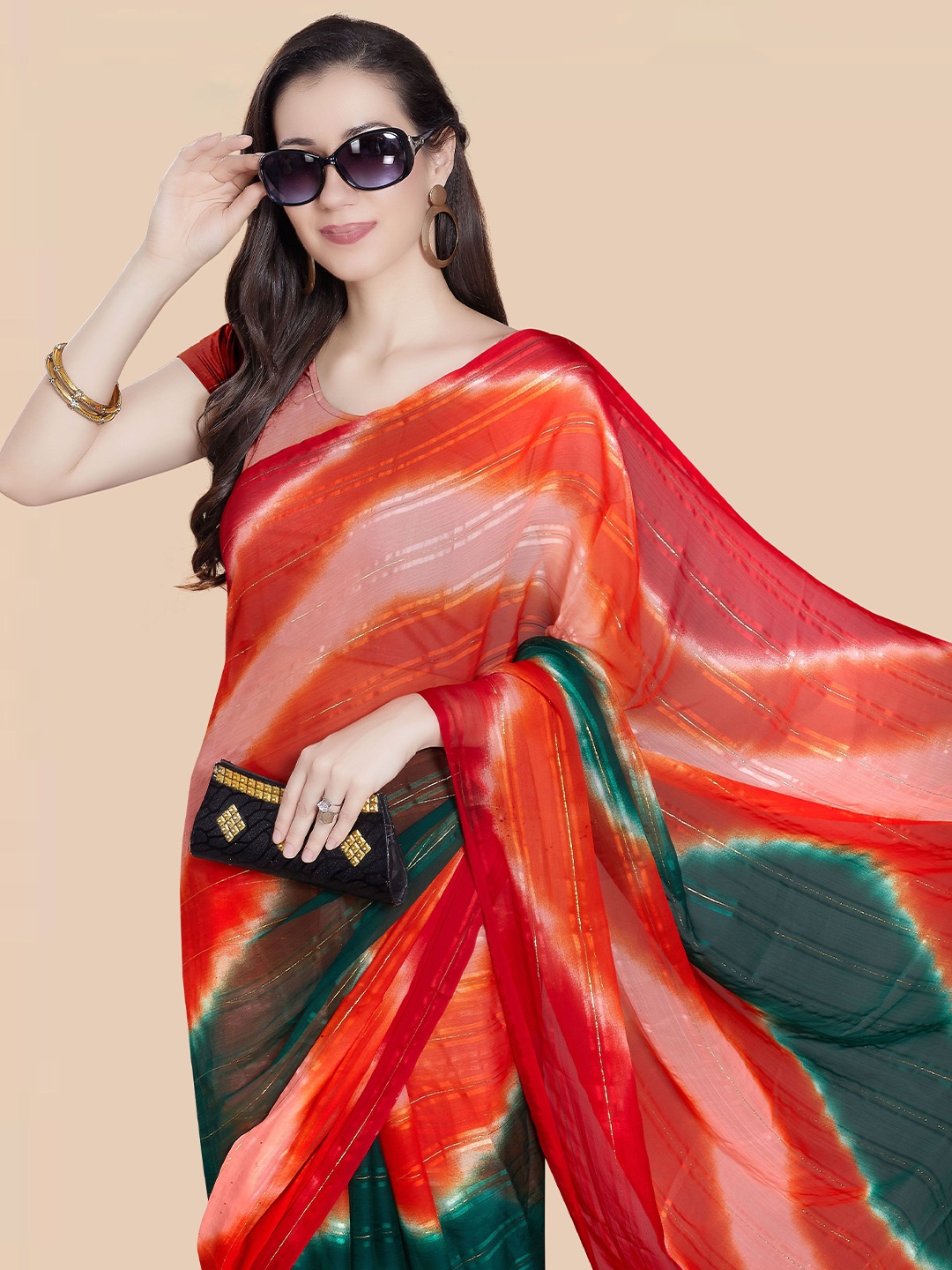 

Rani Saahiba Tie and Dye Poly Chiffon Leheriya Saree, Peach