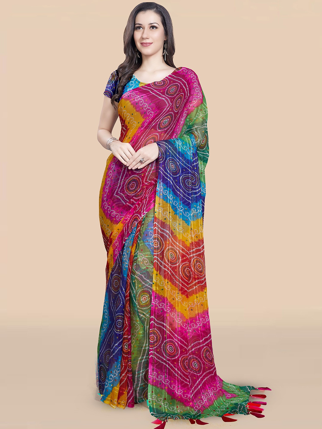 

Rani Saahiba Bandhani Poly Chiffon Bandhani Saree, Blue