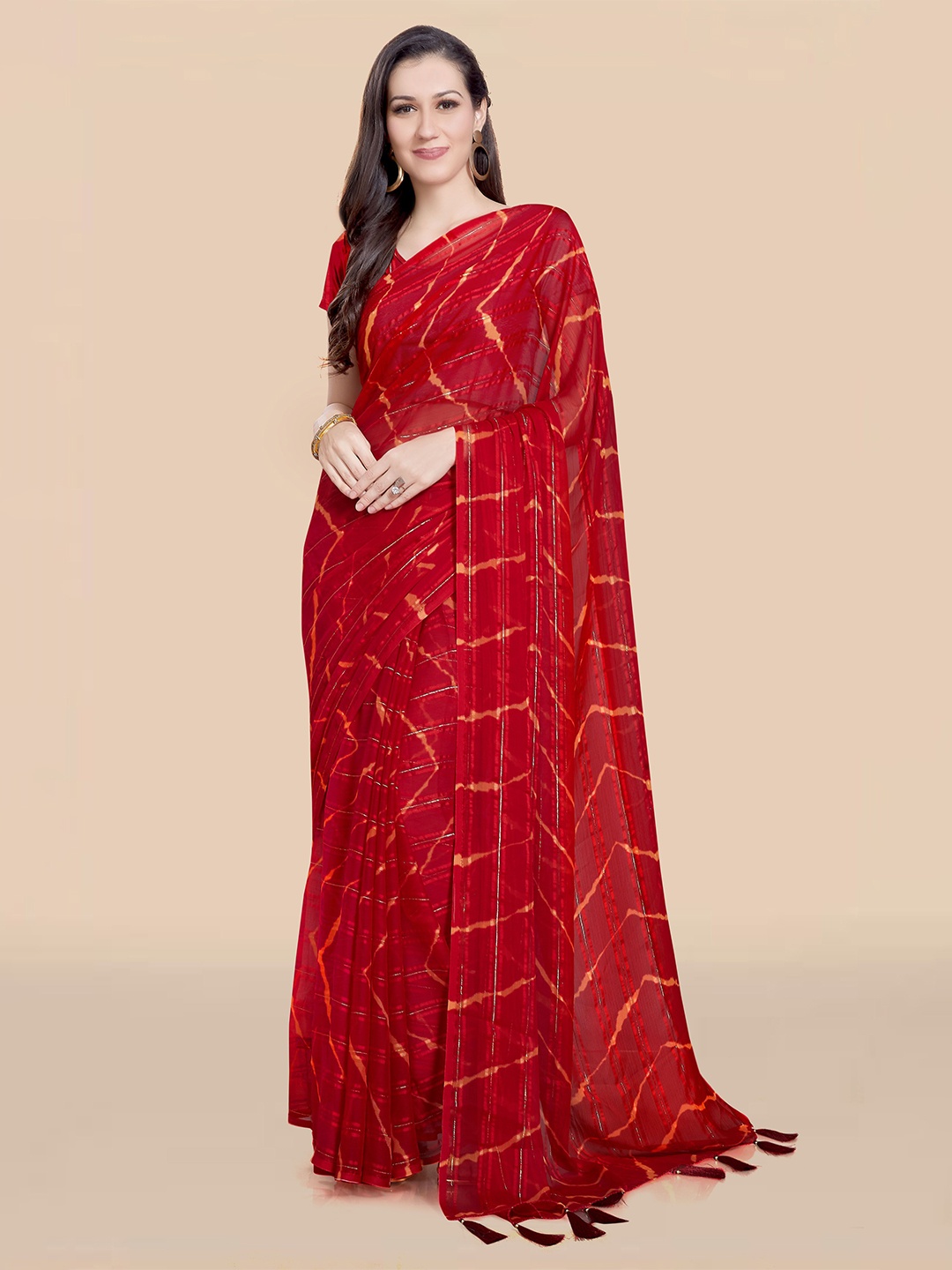 

Rani Saahiba Leheriya Poly Chiffon Leheriya Saree, Red