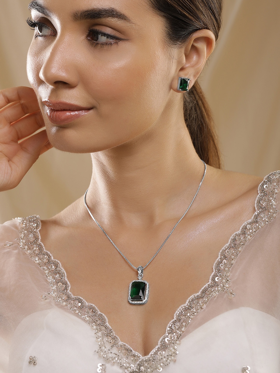 

Rubans Rhodium-Plated Emerald & CZ Studded Pendant Necklace Set, Silver