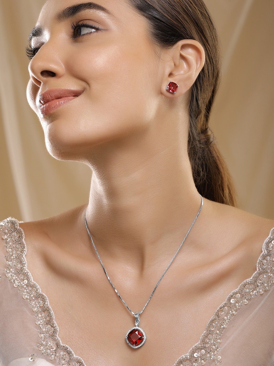 

Rubans Rhodium Plated Ruby & CZ Studded Premium Pendant Necklace Set, Silver