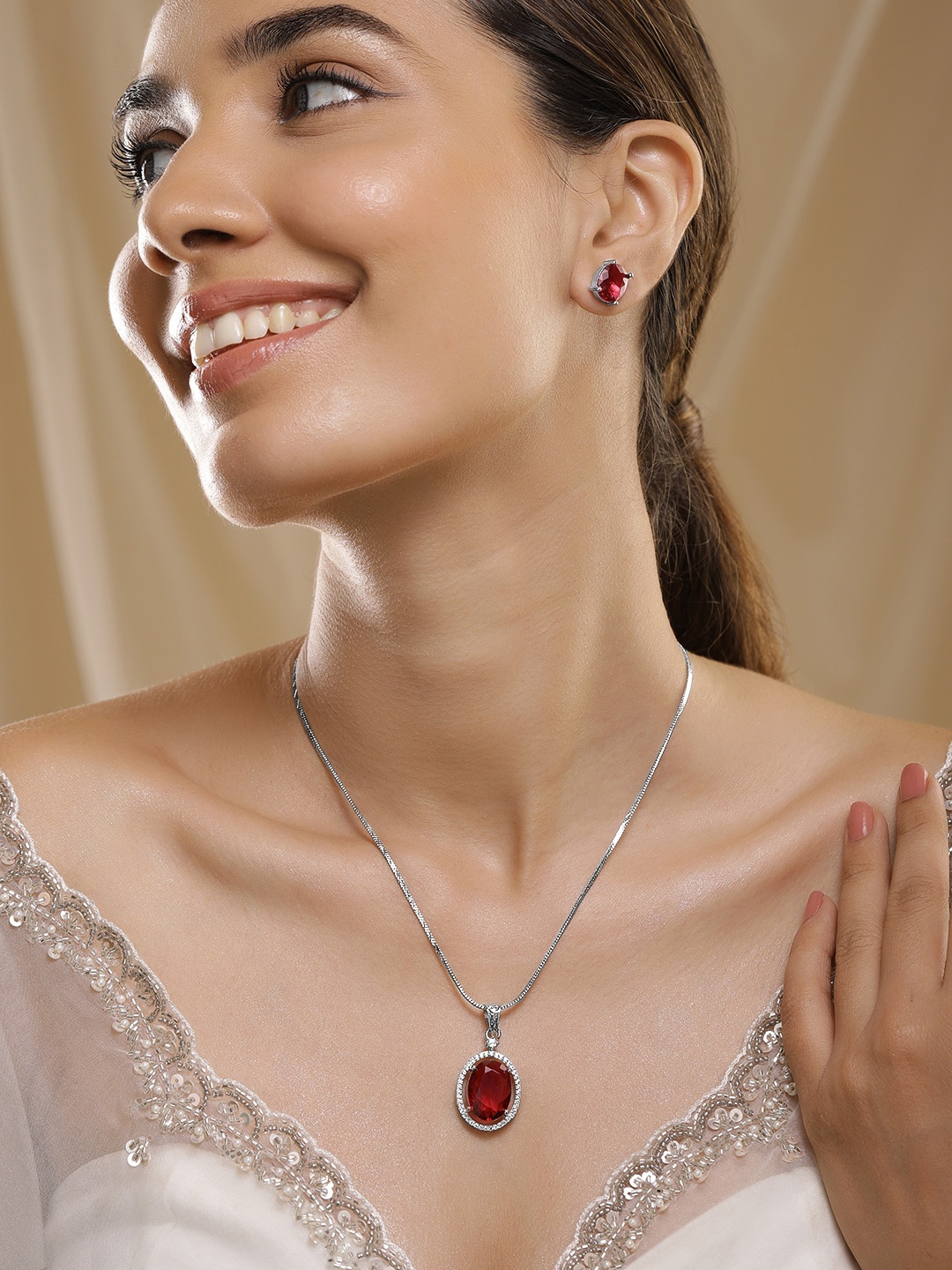 

Rubans Rhodium-Plated Ruby & CZ Studded Oval Pendant Necklace Set, Silver