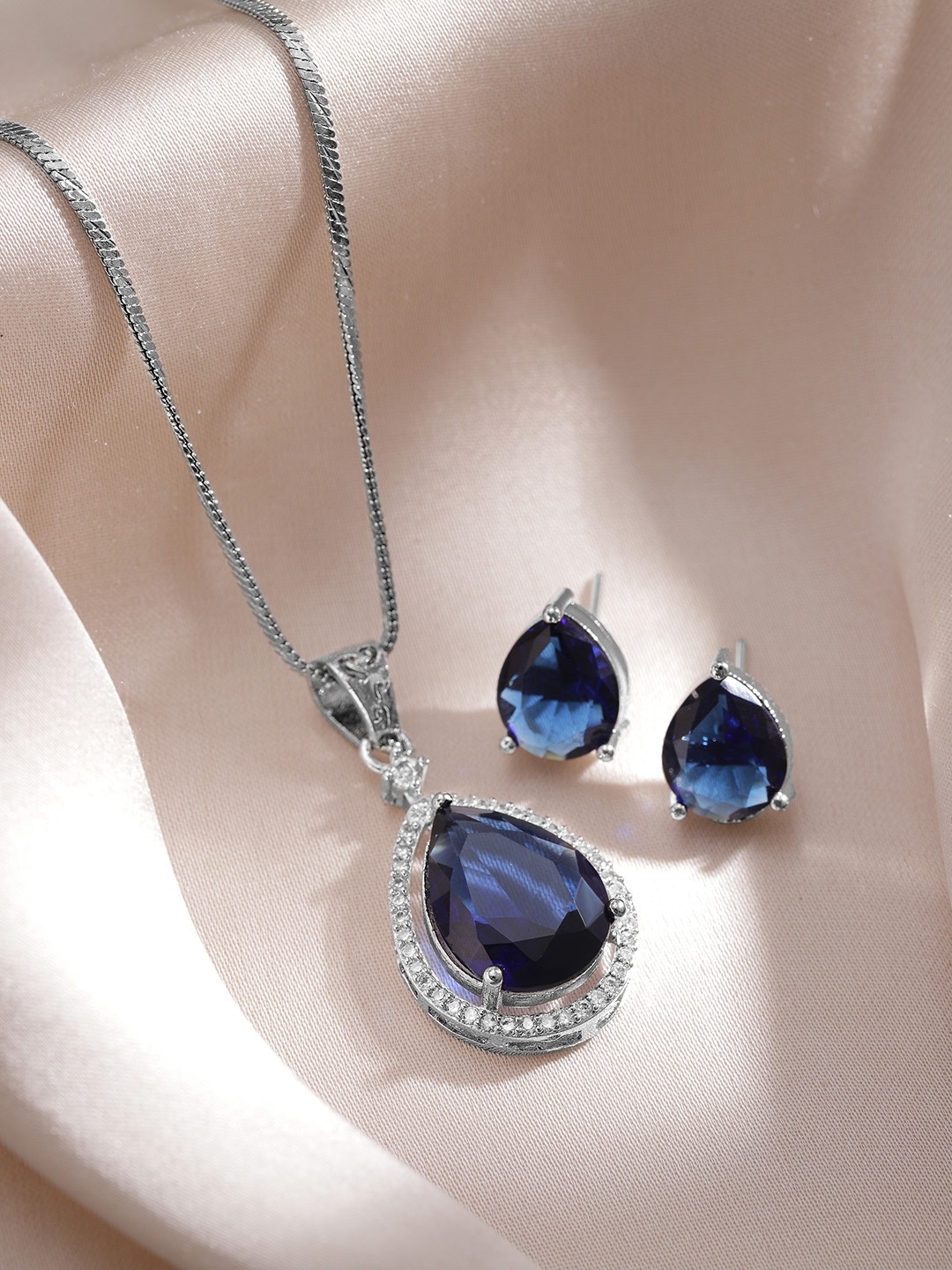 

Rubans Rhodium-plated Blue Sapphire and CZ Studded Luxury AD Pendent Necklace Set, Silver