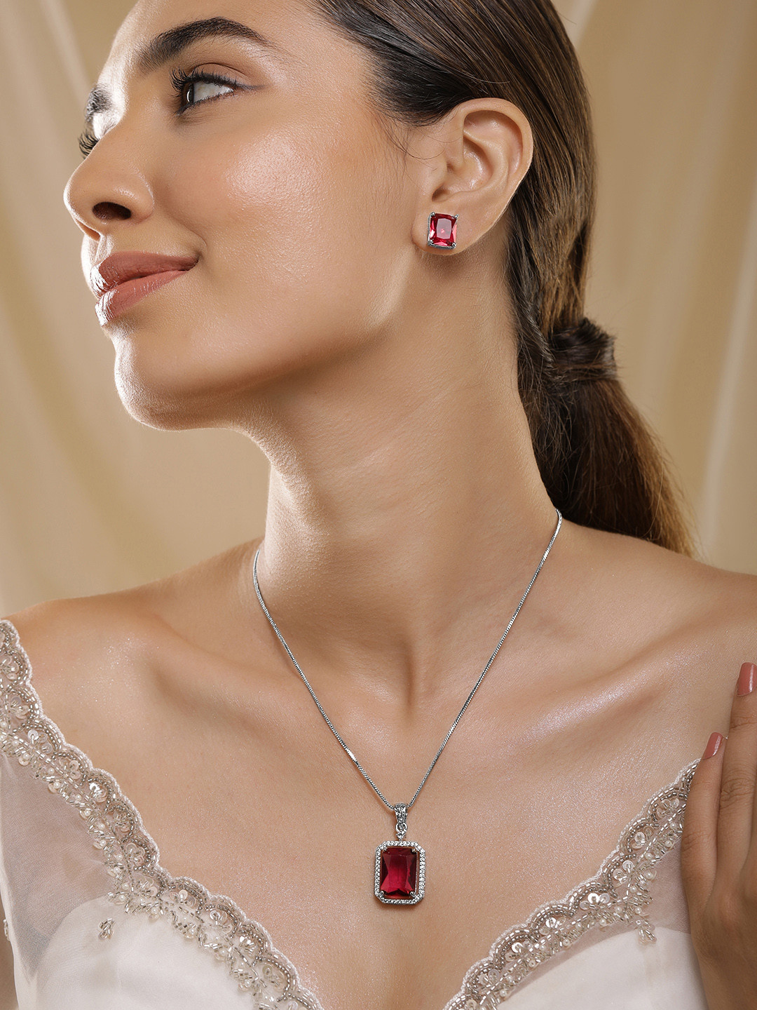 

Rubans Rhodium-Plated Ruby & CZ Studded Square Shape Pendant Necklace Set, Silver