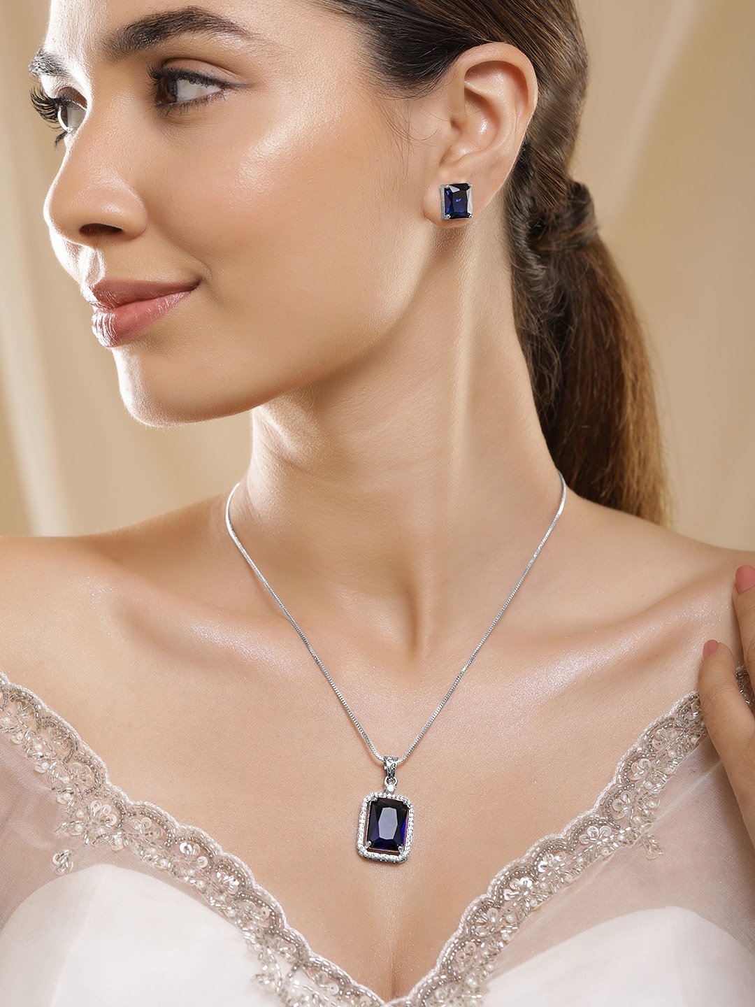 

Rubans Rhodium-Plated Blue Sapphire & CZ Studded Pendant Necklace Set, Silver