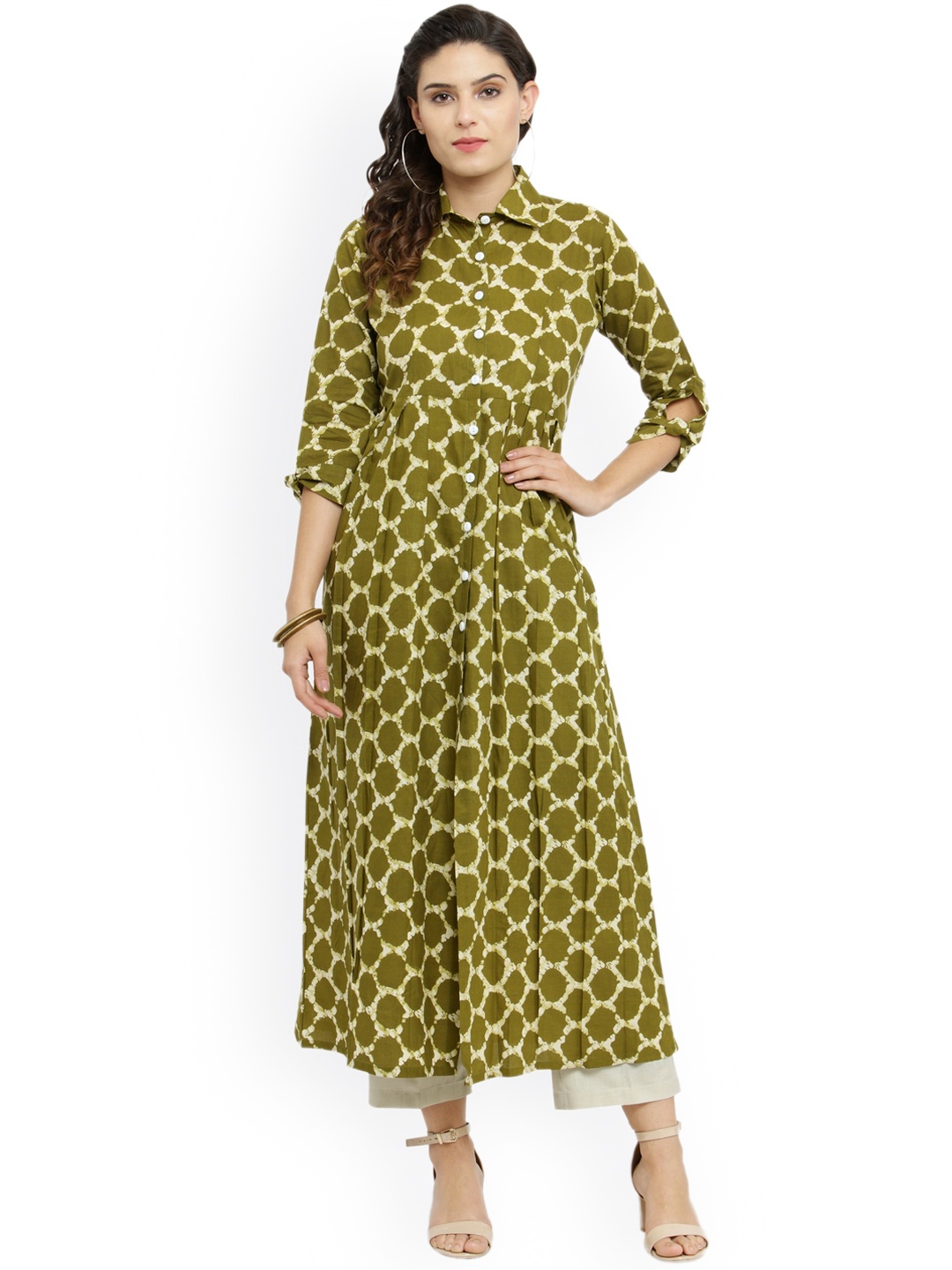 

Indibelle Women Olive Green & Off-White Printed Pathani Kurta