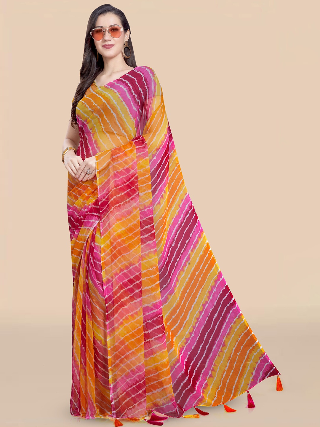 

Rani Saahiba Leheriya Poly Georgette Leheriya Saree, Pink