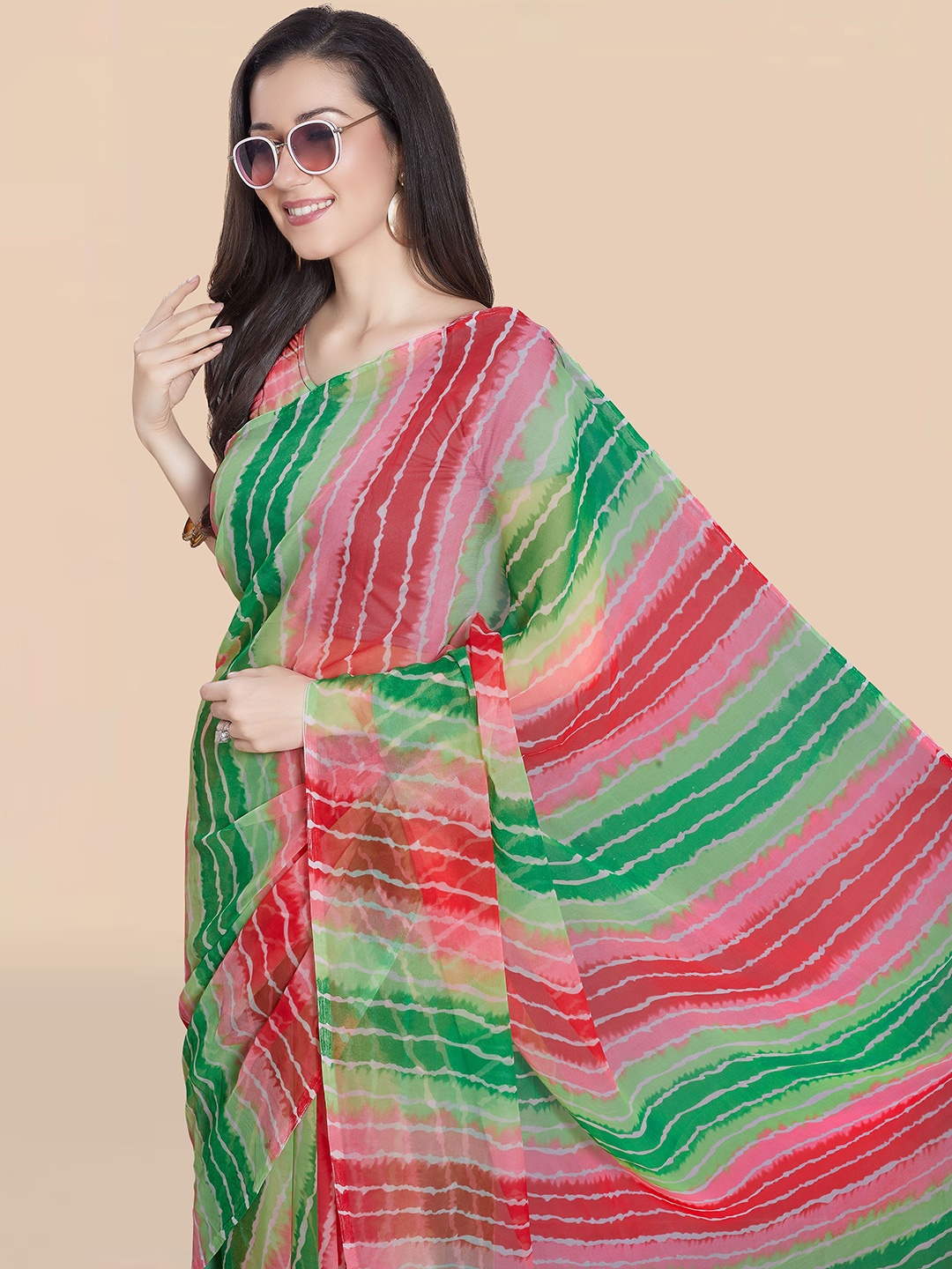 

Rani Saahiba Leheriya Poly Georgette Leheriya Saree, Green