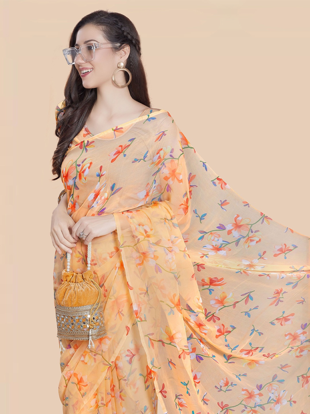 Rani Saahiba Floral Poly Georgette Saree, Peach