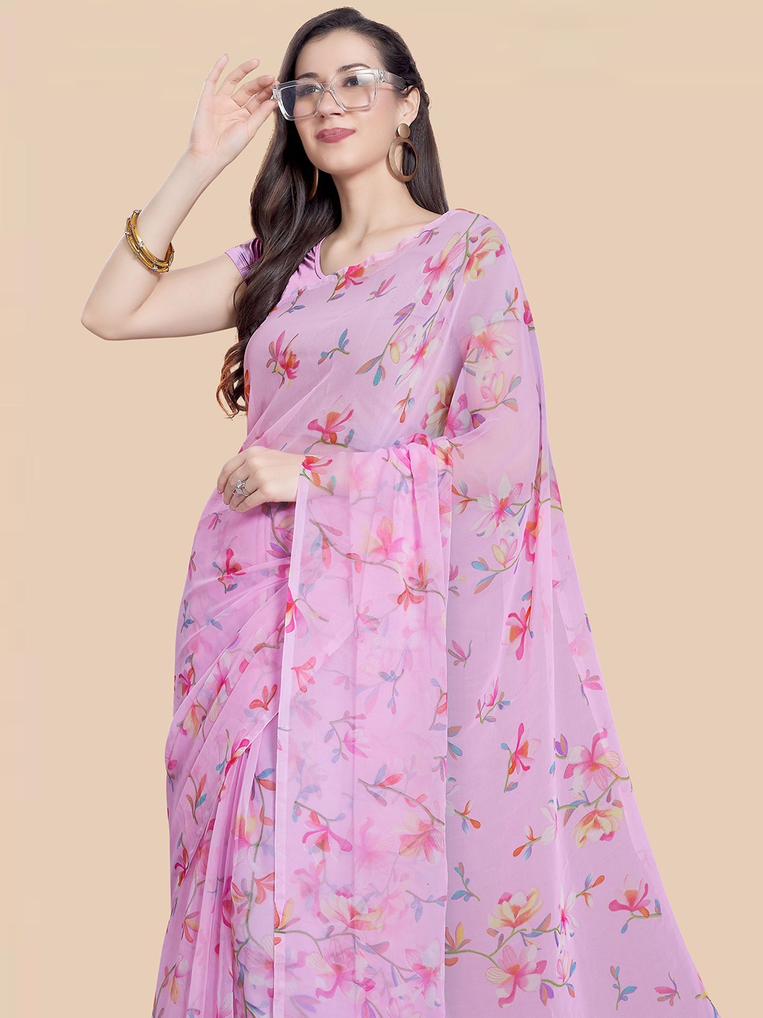 

Rani Saahiba Floral Poly Georgette Saree, Pink