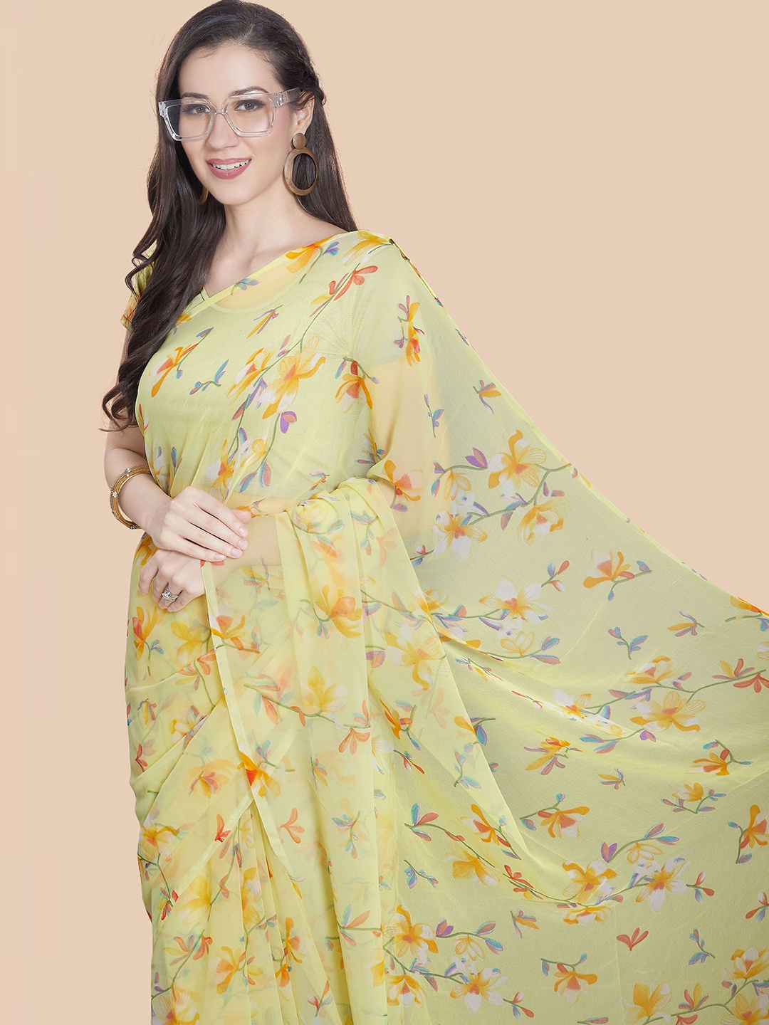 

Rani Saahiba Floral Poly Georgette Saree, Yellow