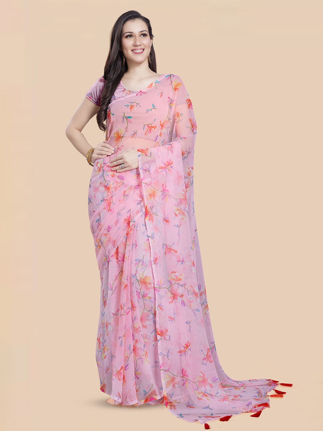 

Rani Saahiba Floral Poly Georgette Saree, Pink