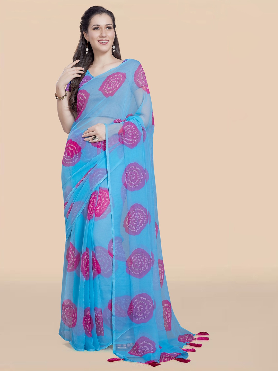 

Rani Saahiba Tie and Dye Poly Georgette Bandhani Saree, Blue