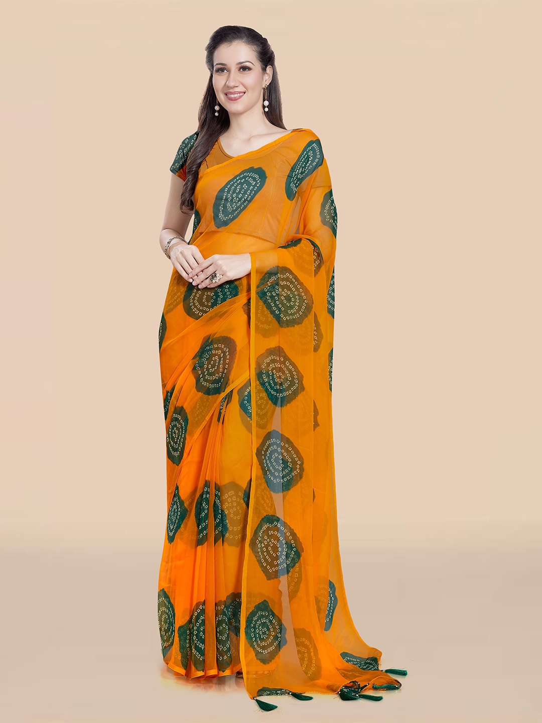 

Rani Saahiba Bandhani Poly Georgette Bandhani Saree, Gold