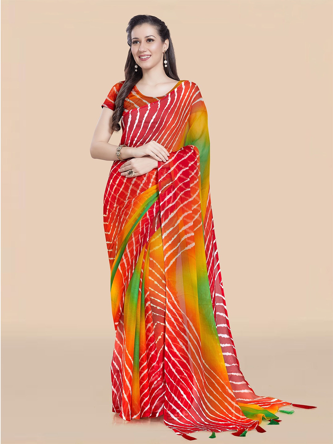 

Rani Saahiba Leheriya Poly Chiffon Leheriya Saree, Red