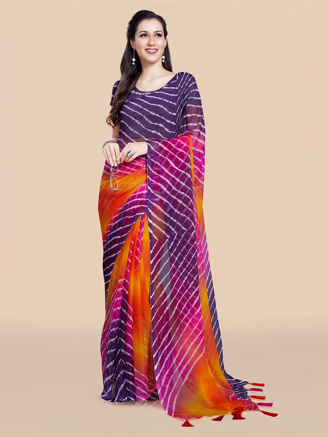 

Rani Saahiba Leheriya Poly Chiffon Leheriya Saree, Purple