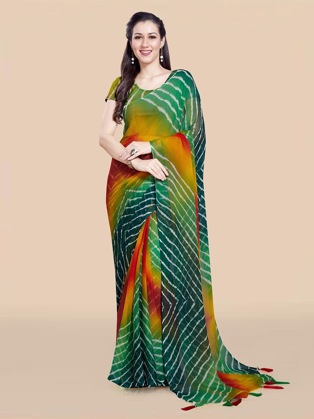 

Rani Saahiba Leheriya Poly Chiffon Leheriya Saree, Green