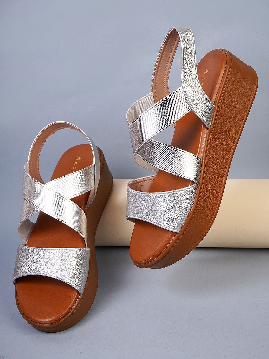 

Mast & Harbour Women Colourblocked Open Toe Flats with Buckles, Silver