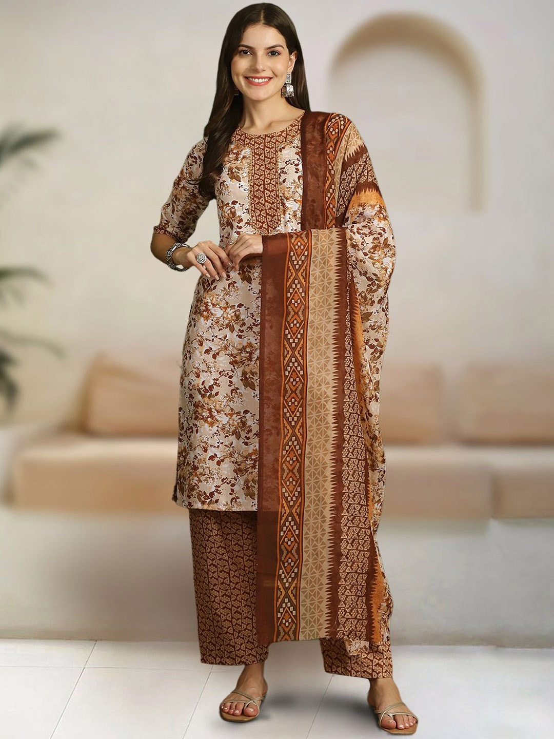 

7Threads Women Ethnic Motifs Printed Regular Pure Cotton Kurta with Trousers & With Dupatta, Beige