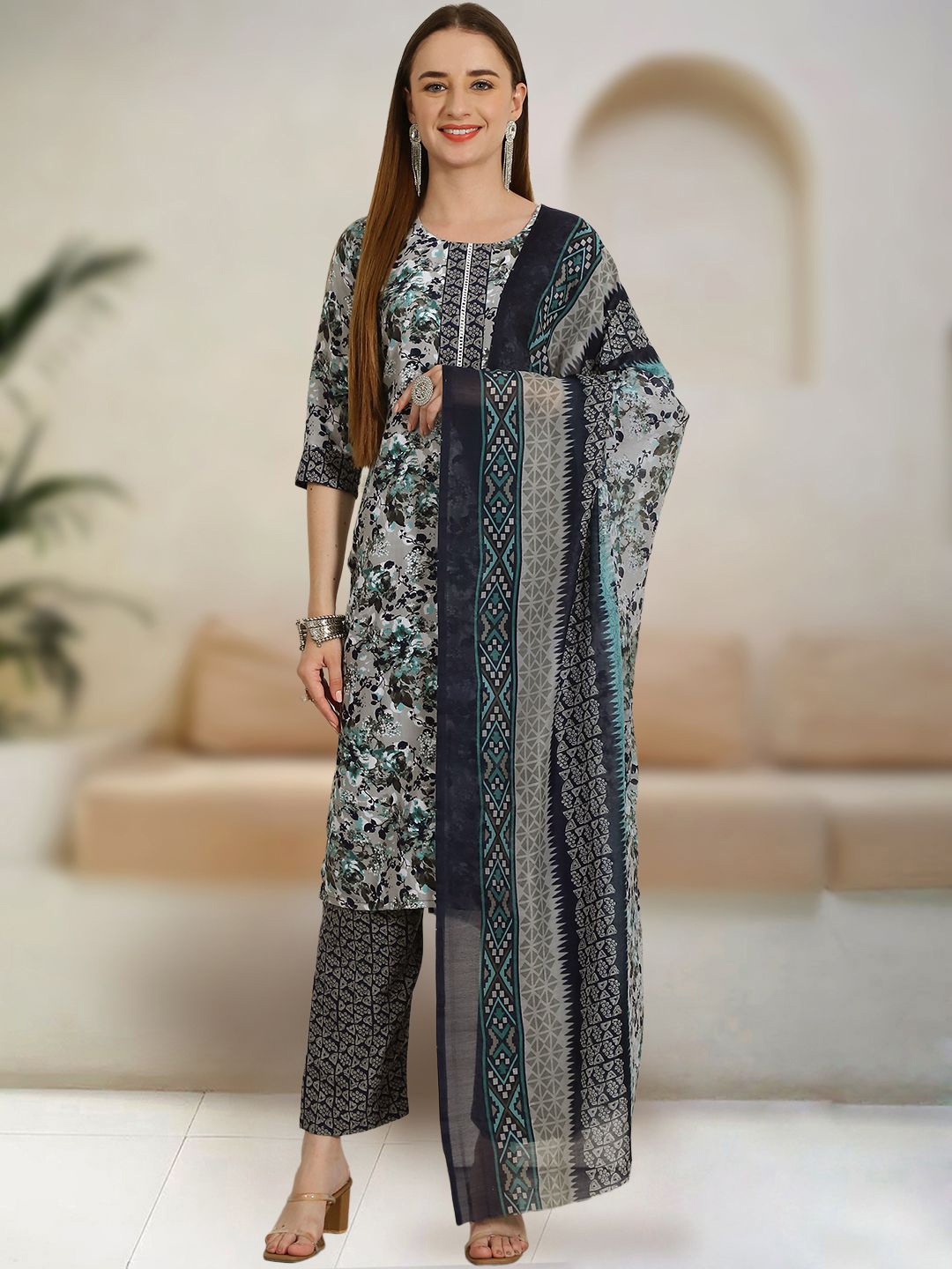 

7Threads Women Ethnic Motifs Printed Regular Pure Cotton Kurta with Trousers & With Dupatta, Navy blue