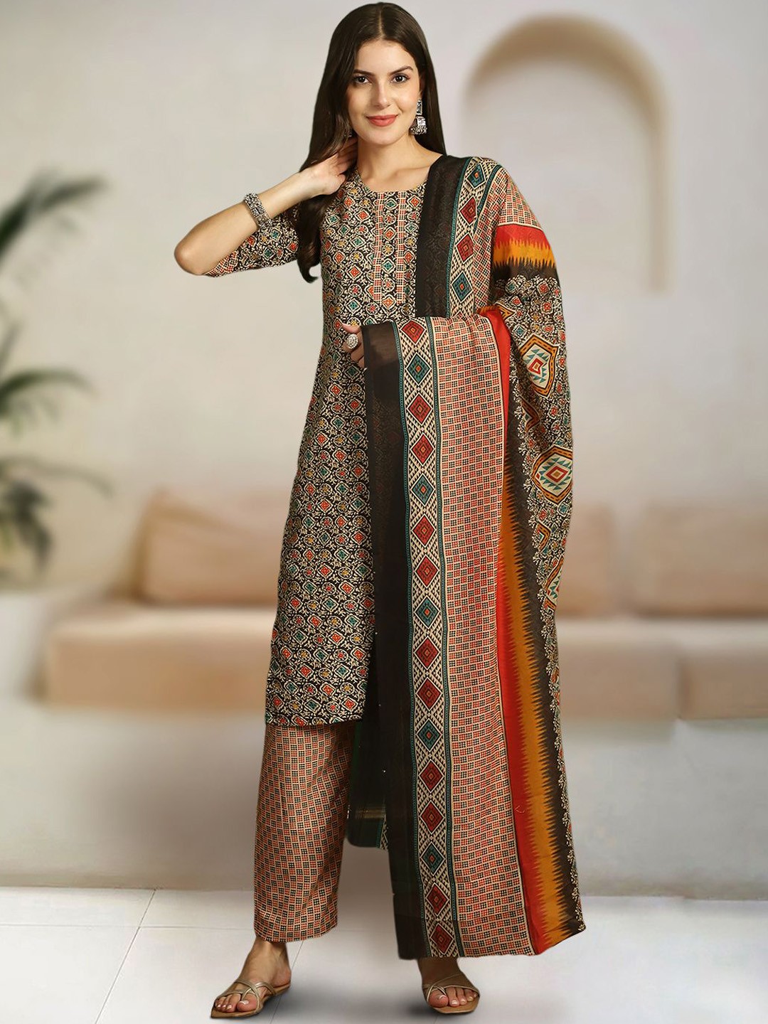 

7Threads Women Ethnic Motifs Printed Regular Pure Cotton Kurta with Trousers & With Dupatta, Black