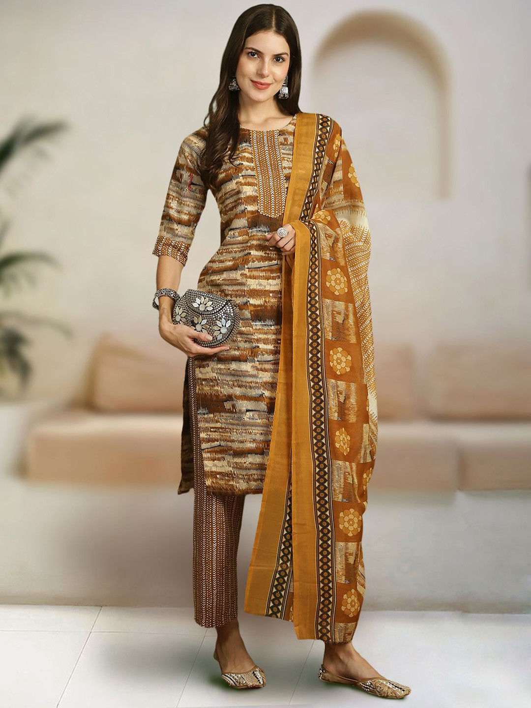 

7Threads Women Ethnic Motifs Printed Regular Pure Cotton Kurta with Trousers & With Dupatta, Khaki