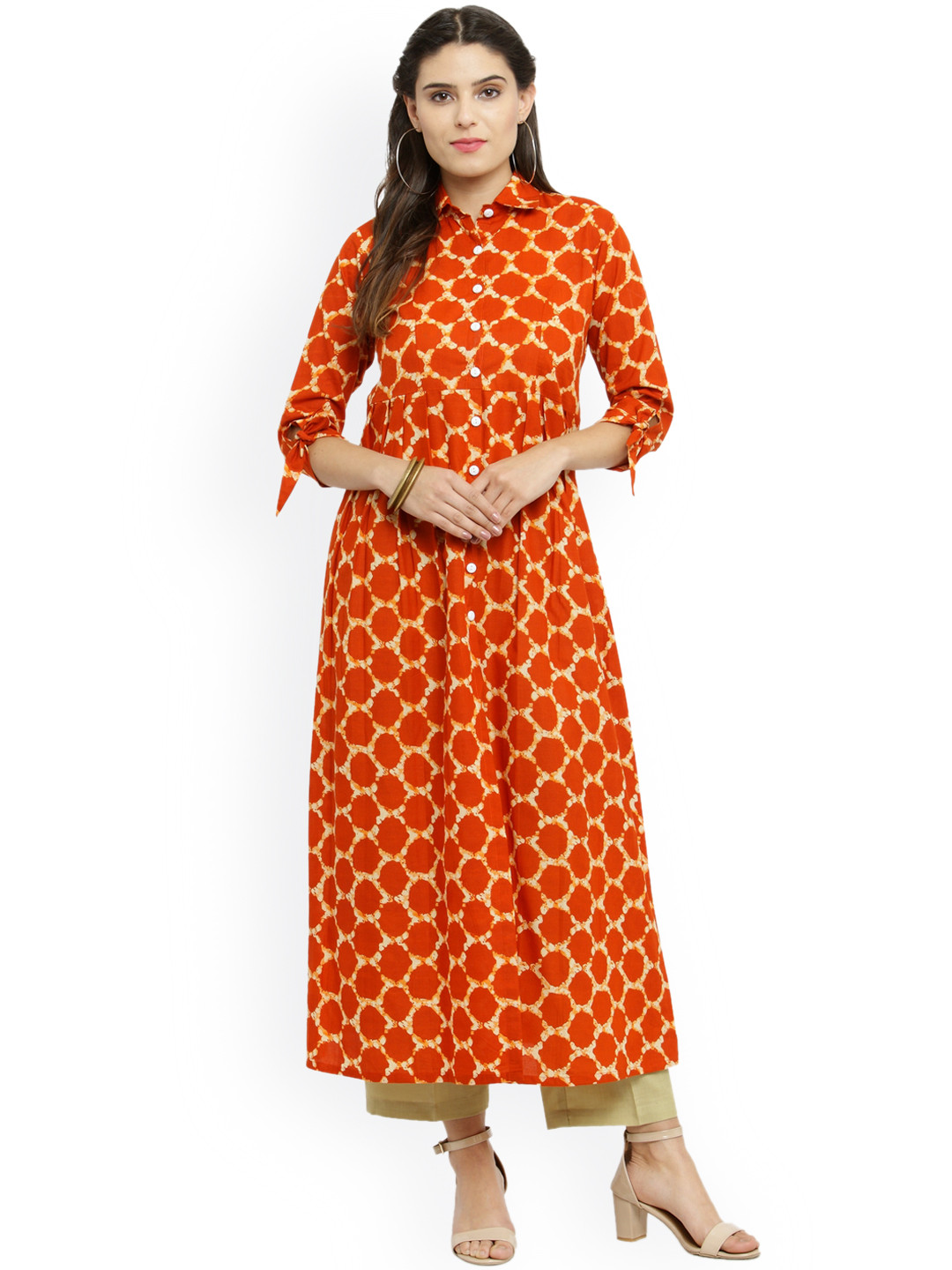 

Indibelle Women Orange & Beige Printed A-Line Kurta