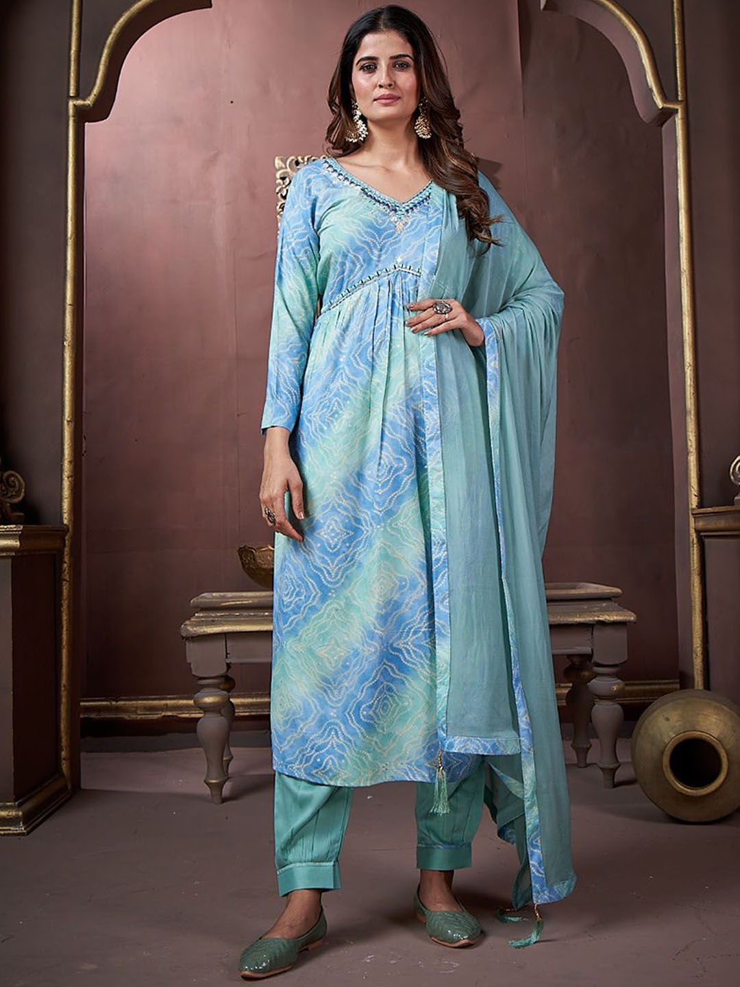 

S.K.C Women Ethnic Motifs Printed Empire Sequinned Kurta with Trousers & With Dupatta, Turquoise blue