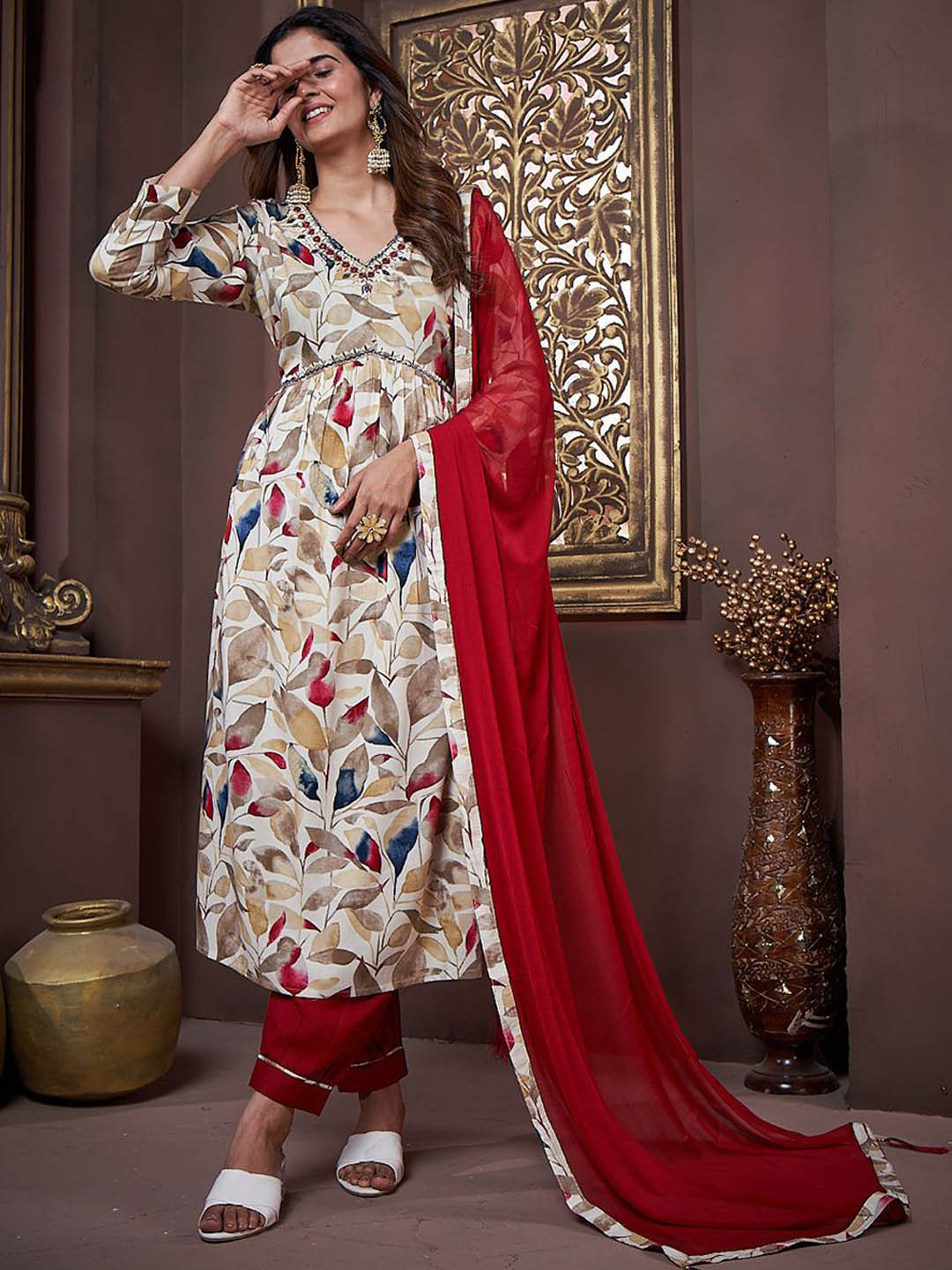 

S.K.C Women Ethnic Motifs Printed Empire Thread Work Kurti with Salwar & With Dupatta, Cream