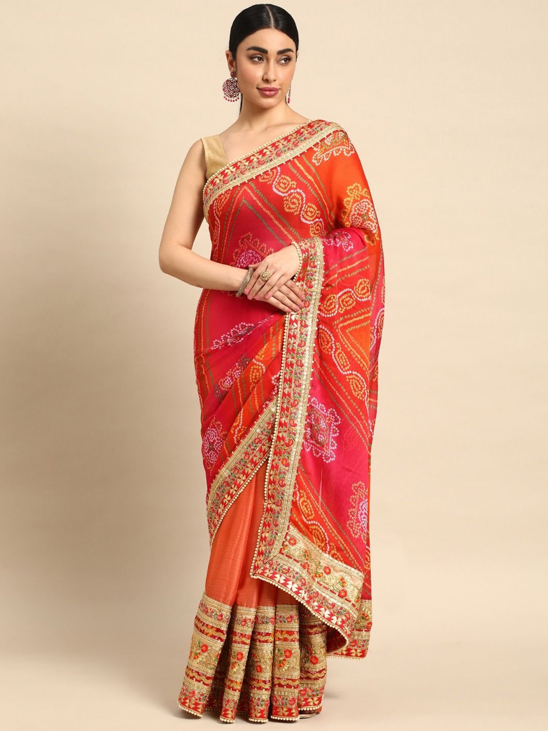 

Panzora Bandhani Gotta Patti Pure Chiffon Bandhani Saree, Peach