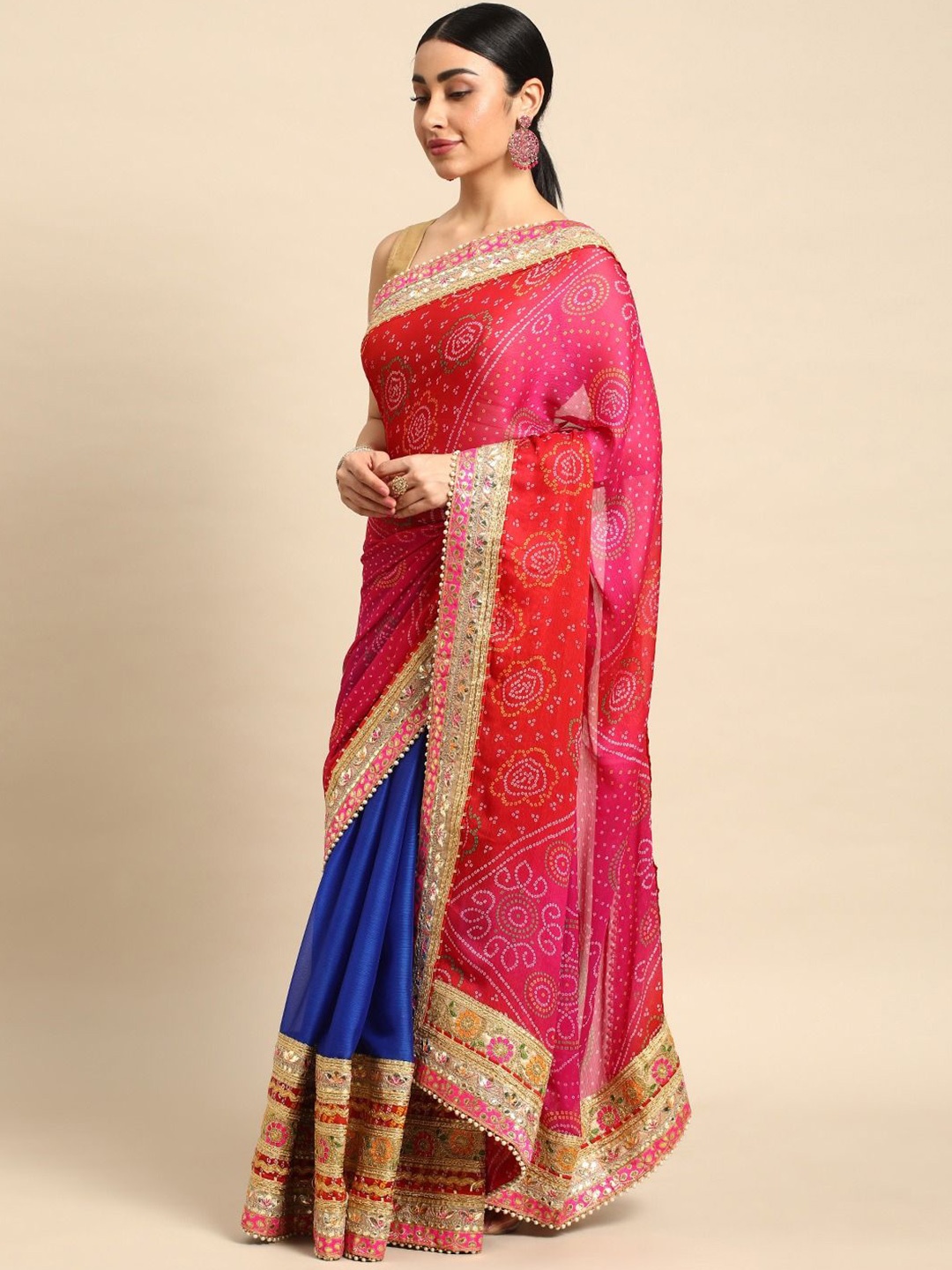 

Panzora Bandhani Gotta Patti Pure Chiffon Bandhani Saree, Blue