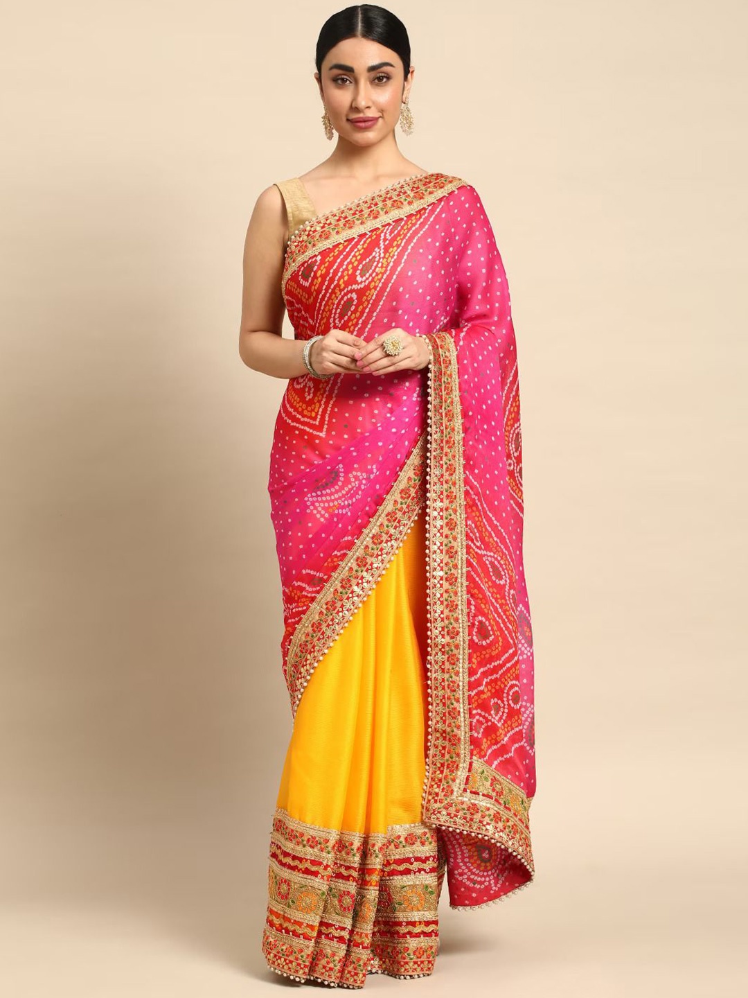 

Panzora Bandhani Embroidered Pure Chiffon Bandhani Saree, Yellow