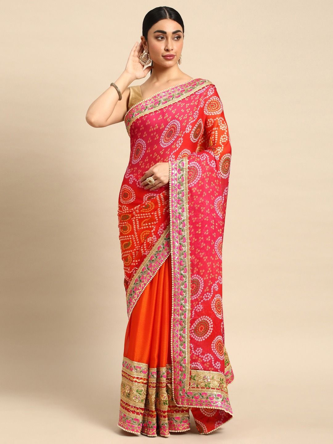 

Panzora Bandhani Gotta Patti Pure Chiffon Bandhani Saree, Orange