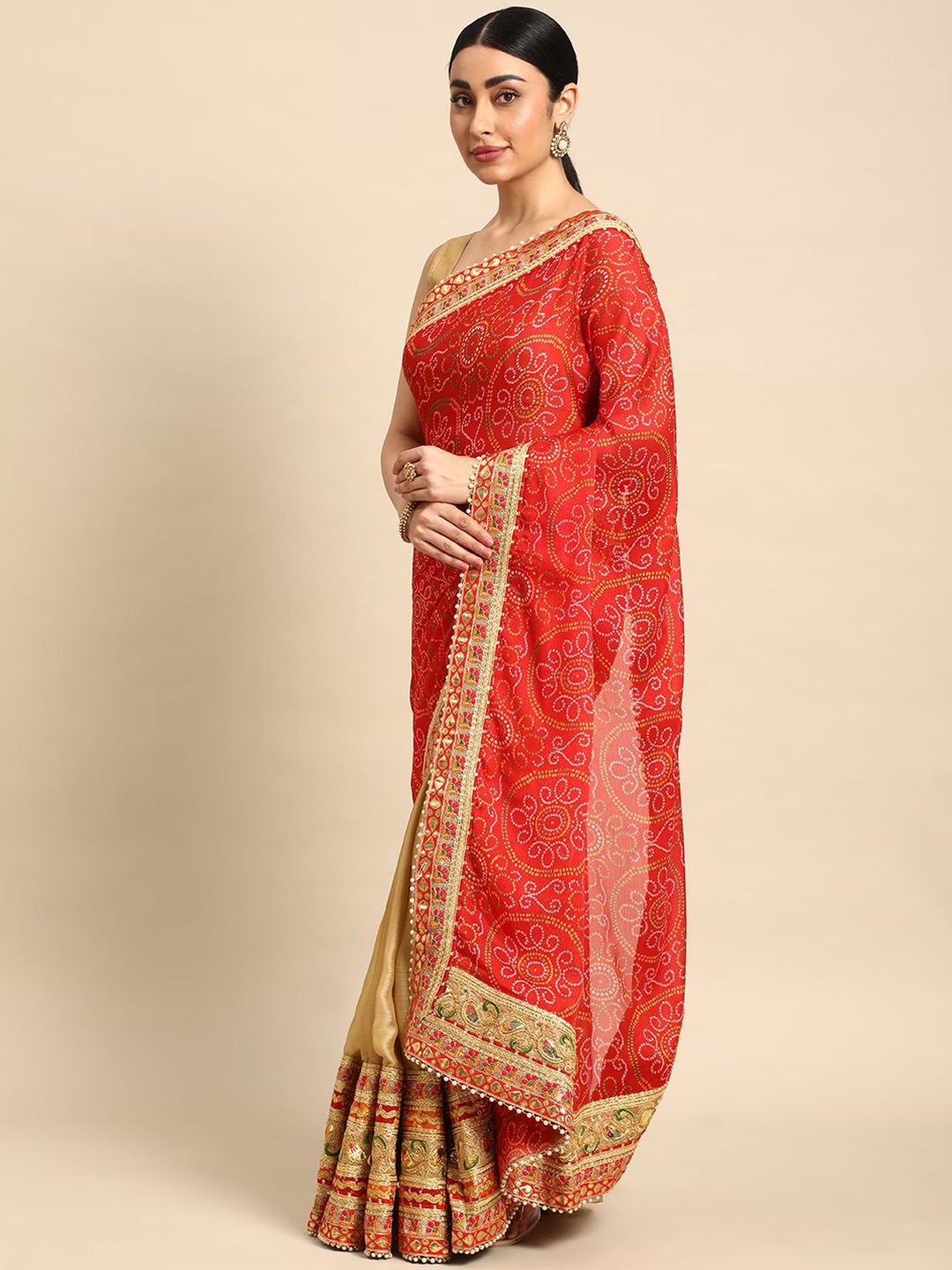 

Panzora Bandhani Gotta Patti Pure Chiffon Bandhani Saree, Beige
