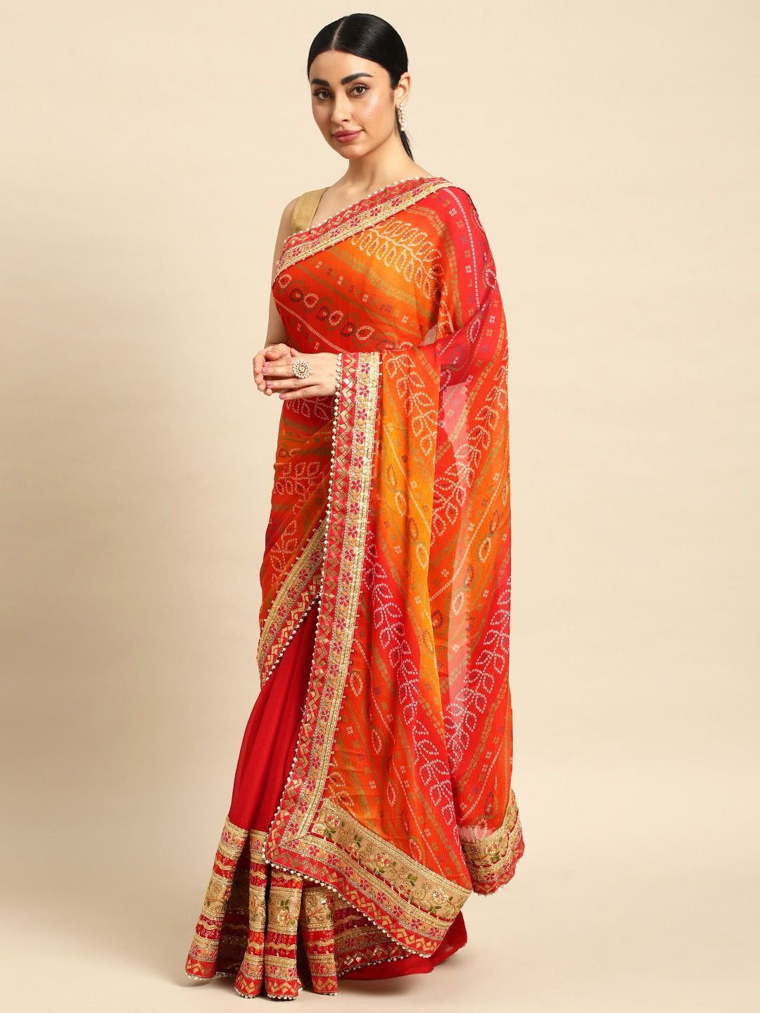 

Panzora Bandhani Embroidered Pure Chiffon Bandhani Saree, Red
